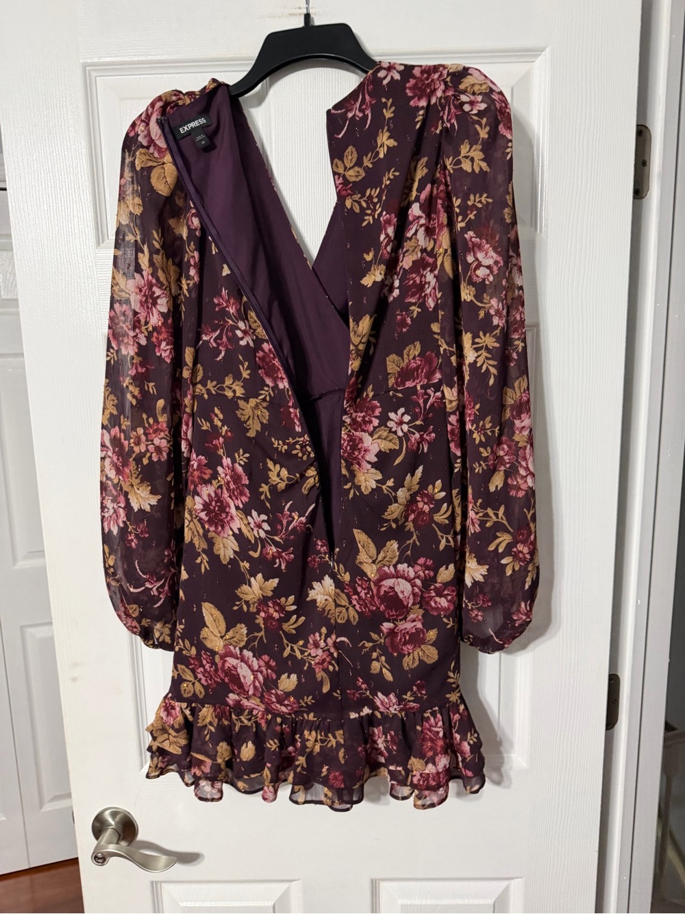 Express Burgundy Floral Wrap-Style/Gathered Mini Dress - Picture 14 of 16